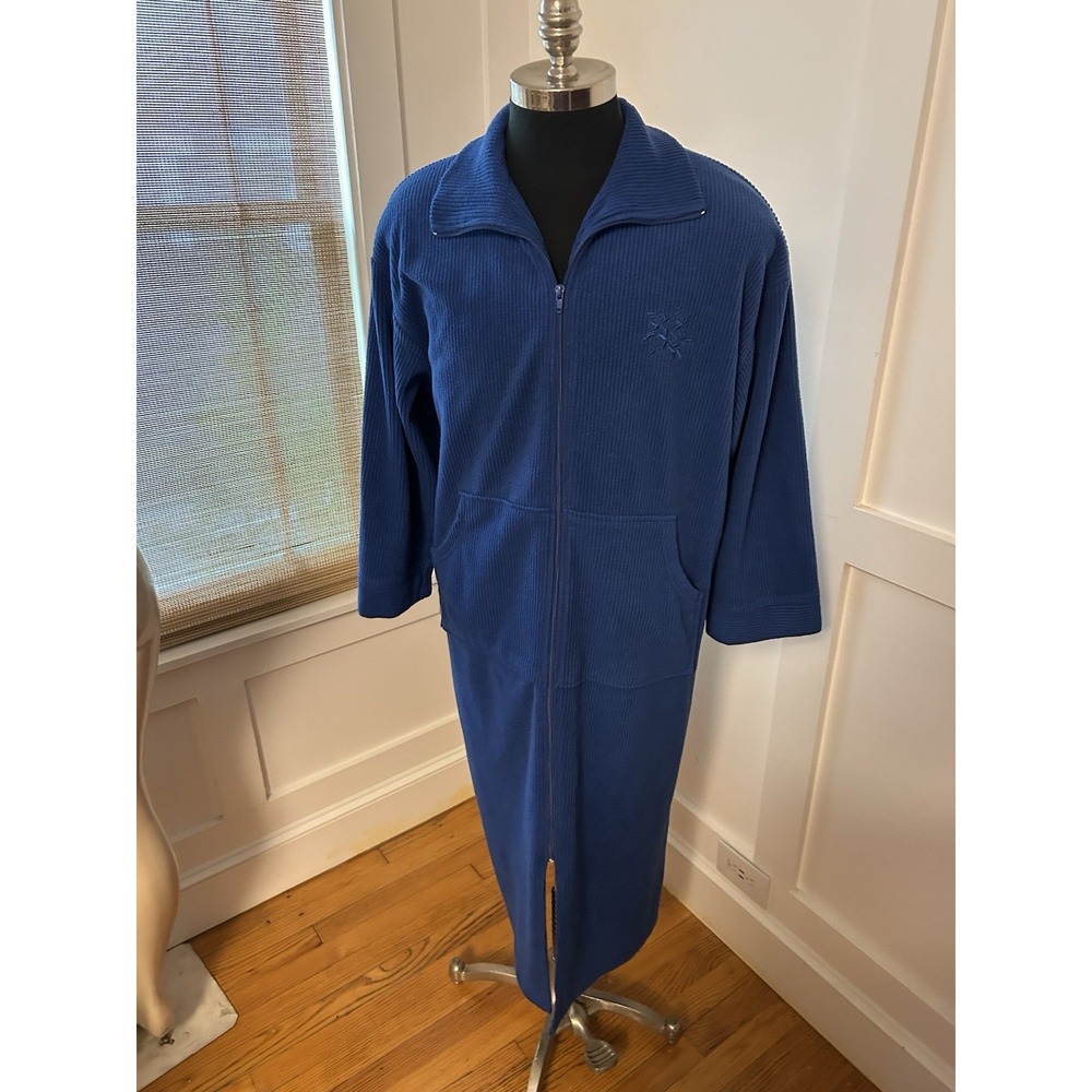Miss Elaine Blue Chenille Zip Front Long Robe sz Large Embroidered Big Pockets